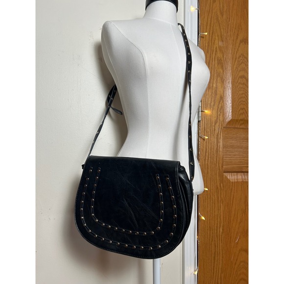 Y2K VTG Black Crossbody Purse Bag Studded Silver Satchel Indie Retro Boho - Picture 10 of 10